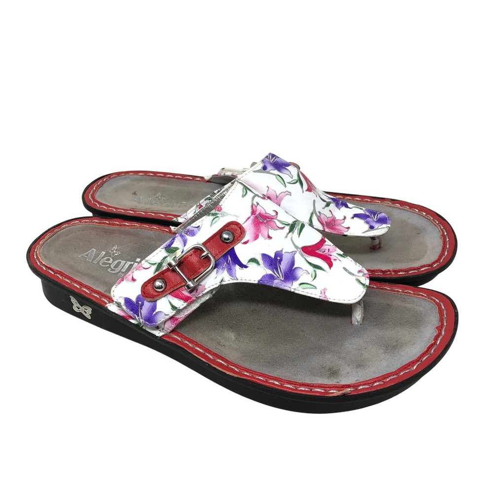Alegria Sandals 41 Womens Vanessa Lily White Floral Leather Buckle Thong Slides